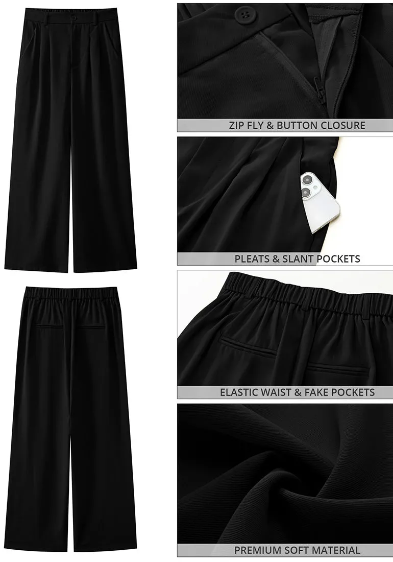 Petite Black High Waisted Wide Leg Pants for Women Business Casual Flowy Trouser