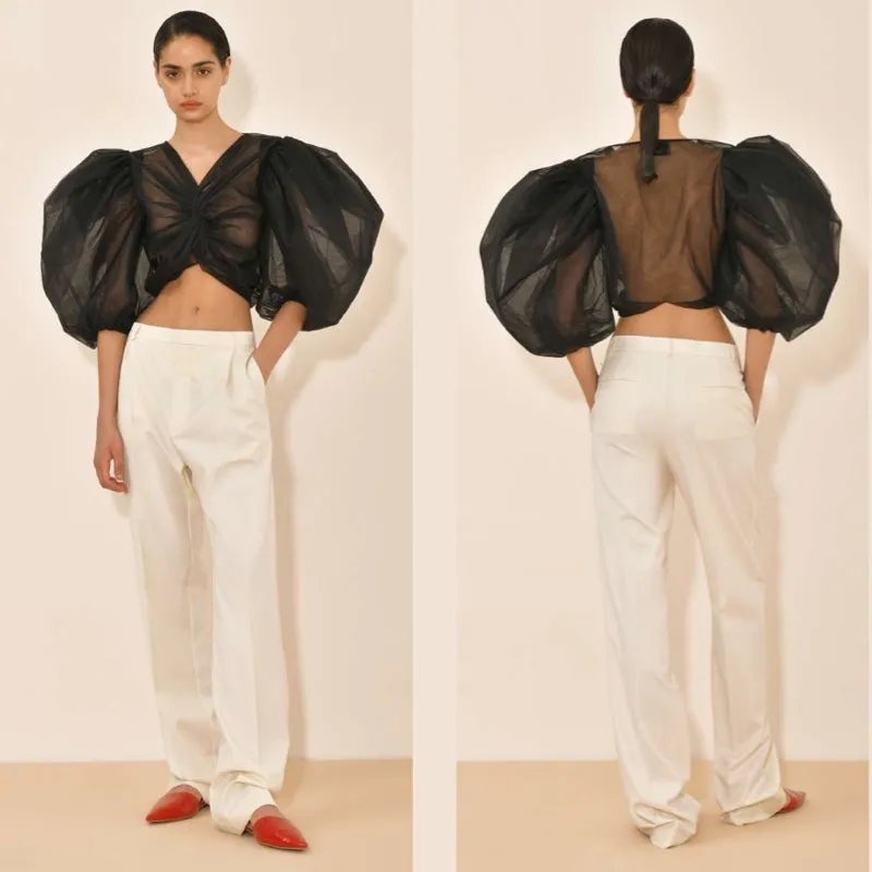 Puff Sleeve Cropped Tulle Blouse
