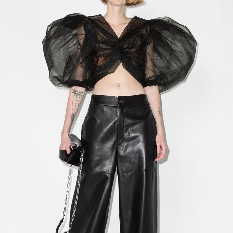 Puff Sleeve Cropped Tulle Blouse