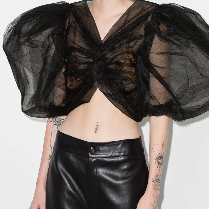 Puff Sleeve Cropped Tulle Blouse