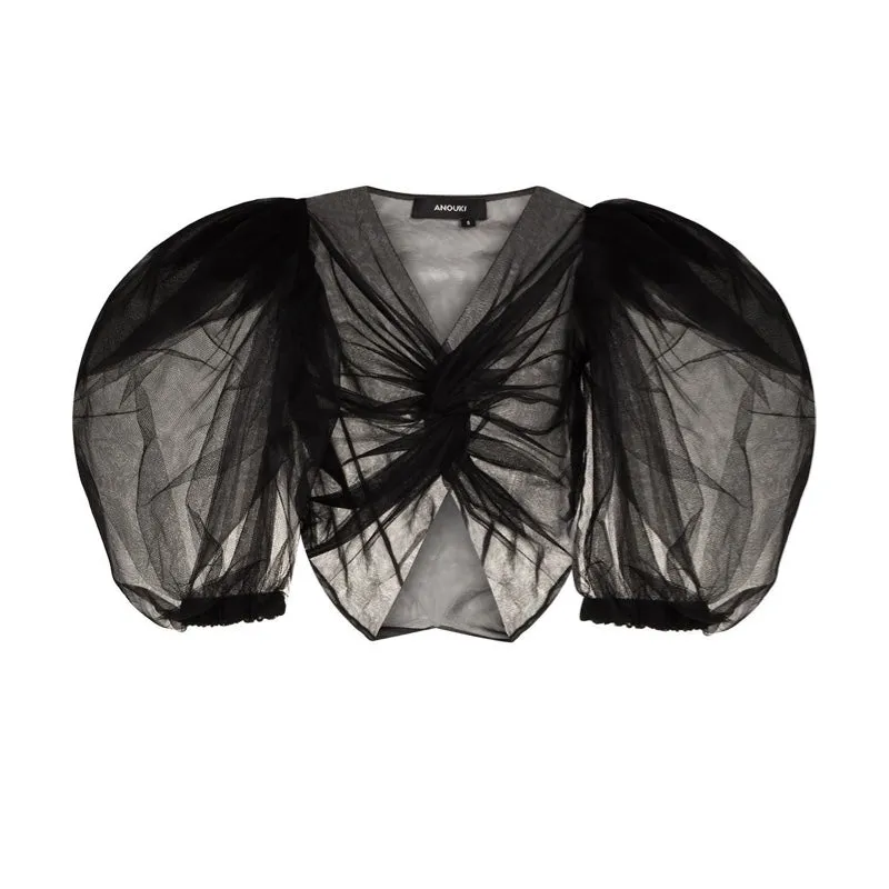 Puff Sleeve Cropped Tulle Blouse