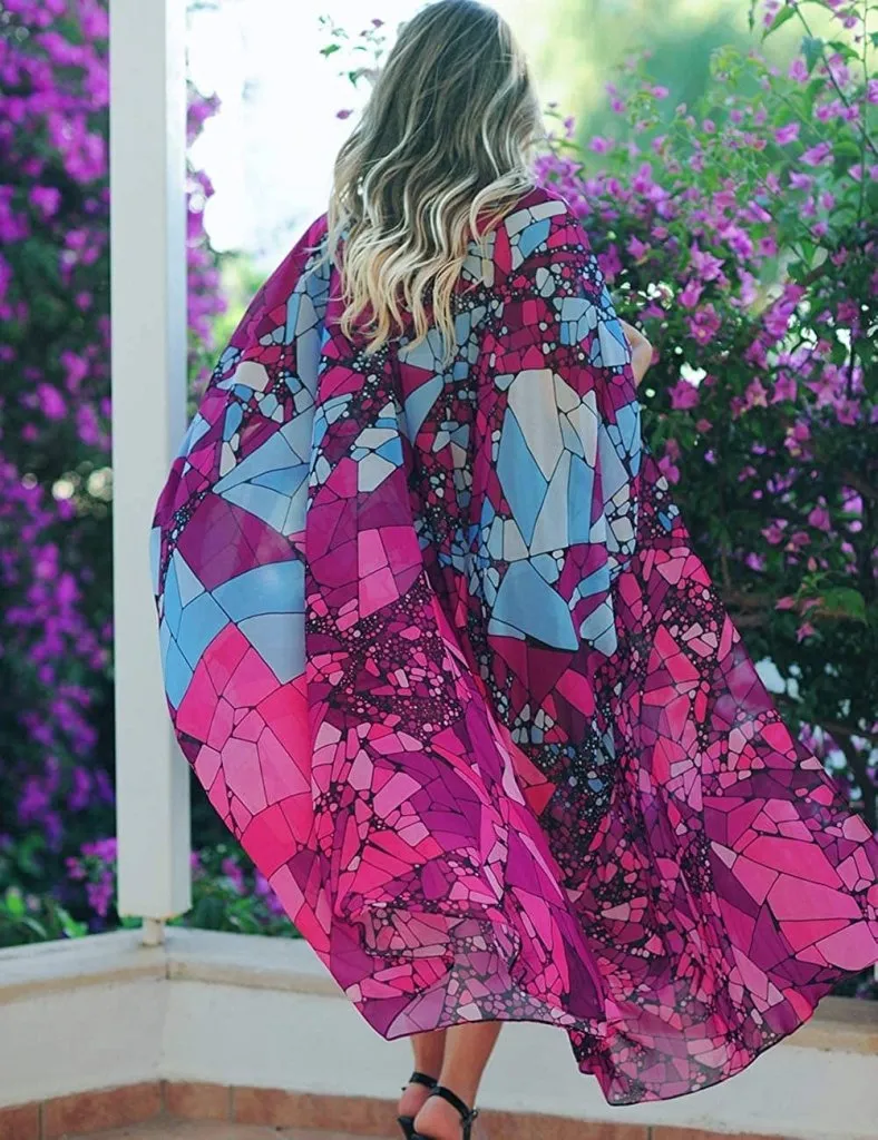 Purple Open Front Beach Kimono Cover up With Belt