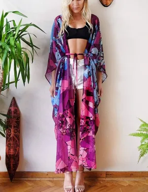 Purple Open Front Beach Kimono Cover up With Belt