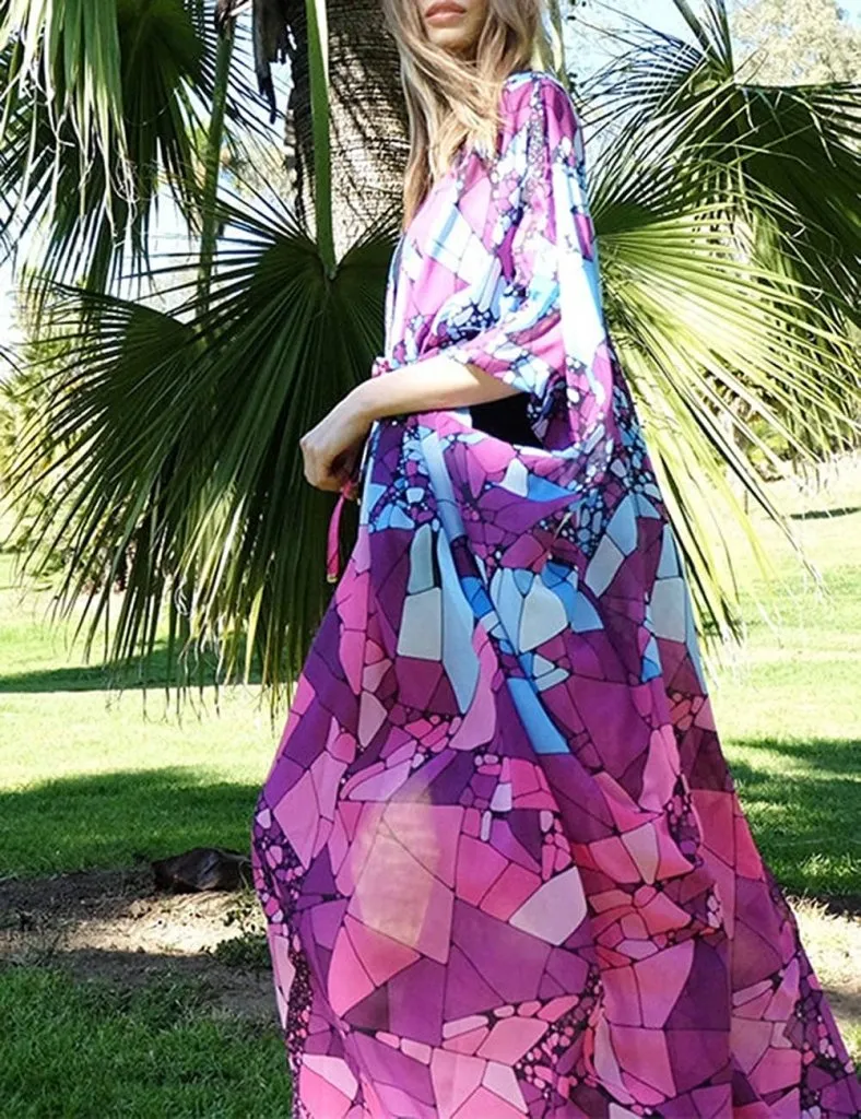 Purple Open Front Beach Kimono Cover up With Belt
