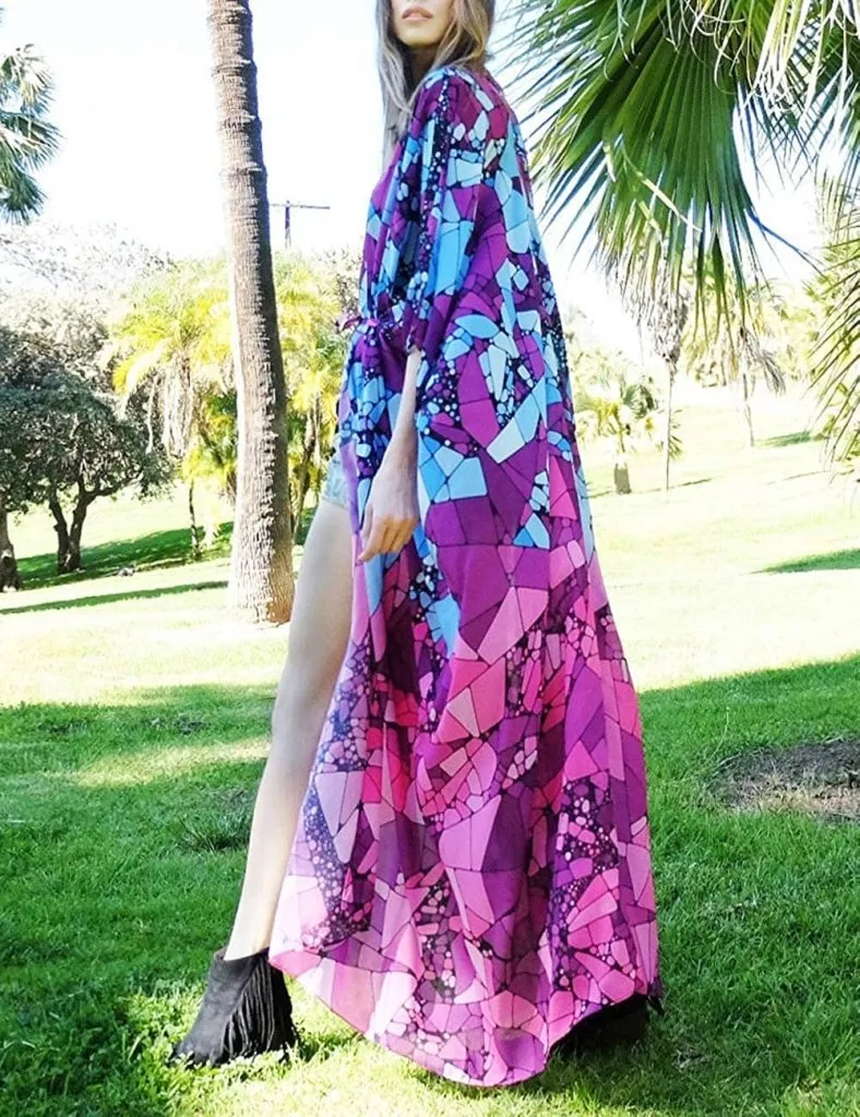 Purple Open Front Beach Kimono Cover up With Belt