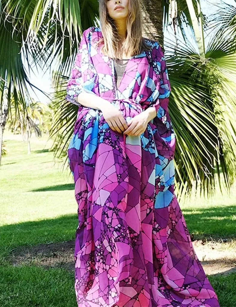 Purple Open Front Beach Kimono Cover up With Belt