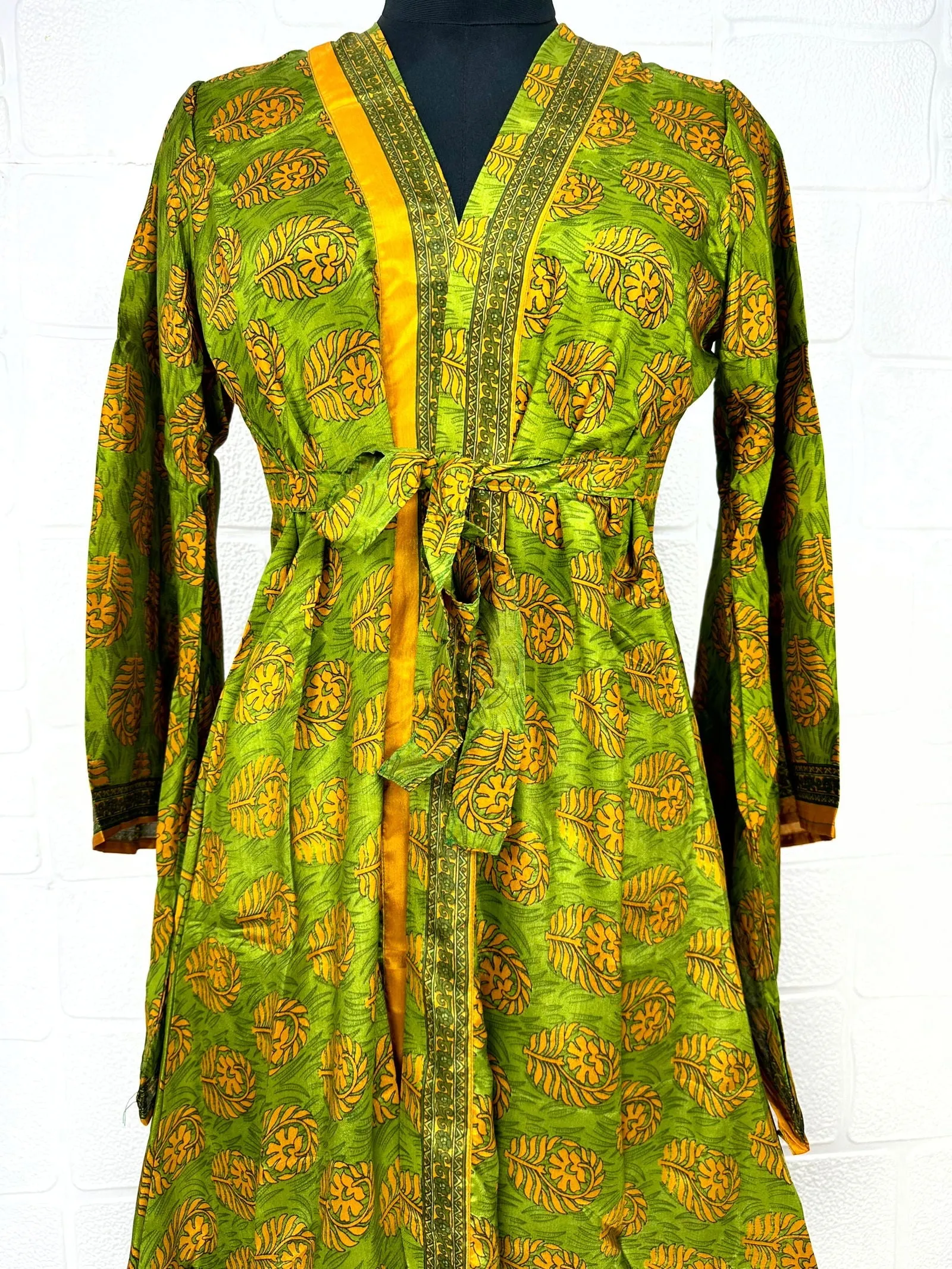 Recycle Boho House Robe Kimono Vintage Silk Sari Dressing Gown, Beach Coverup, Bridesmaid, Anniversary Gift Her | Floral Print Green Yellow