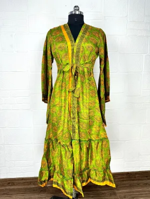 Recycle Boho House Robe Kimono Vintage Silk Sari Dressing Gown, Beach Coverup, Bridesmaid, Anniversary Gift Her | Floral Print Green Yellow