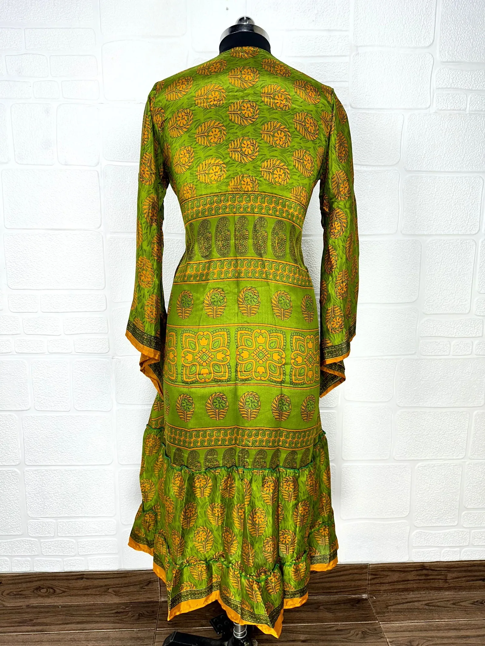 Recycle Boho House Robe Kimono Vintage Silk Sari Dressing Gown, Beach Coverup, Bridesmaid, Anniversary Gift Her | Floral Print Green Yellow
