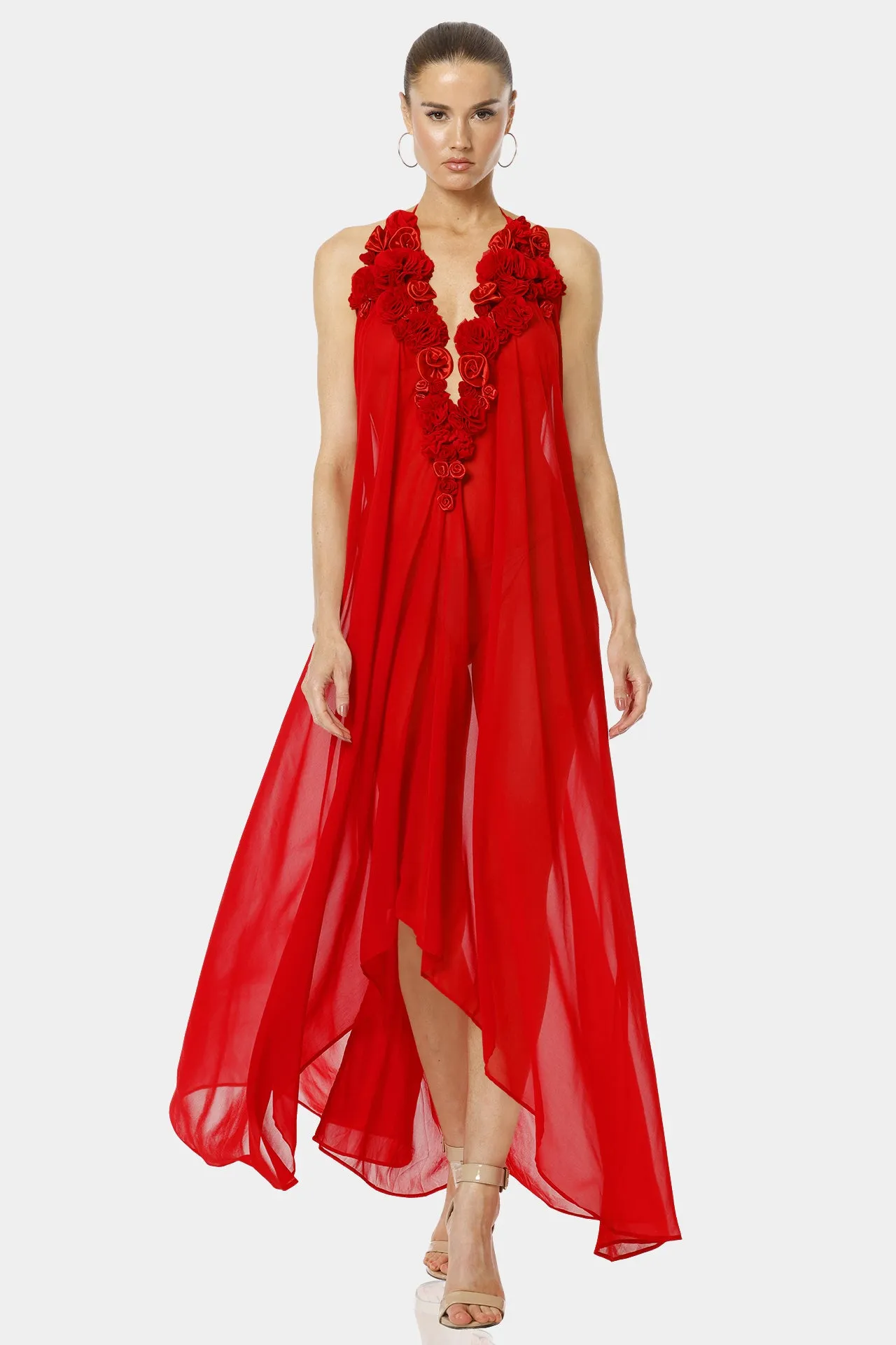 Red 3D Flower Maxi Party Dresses