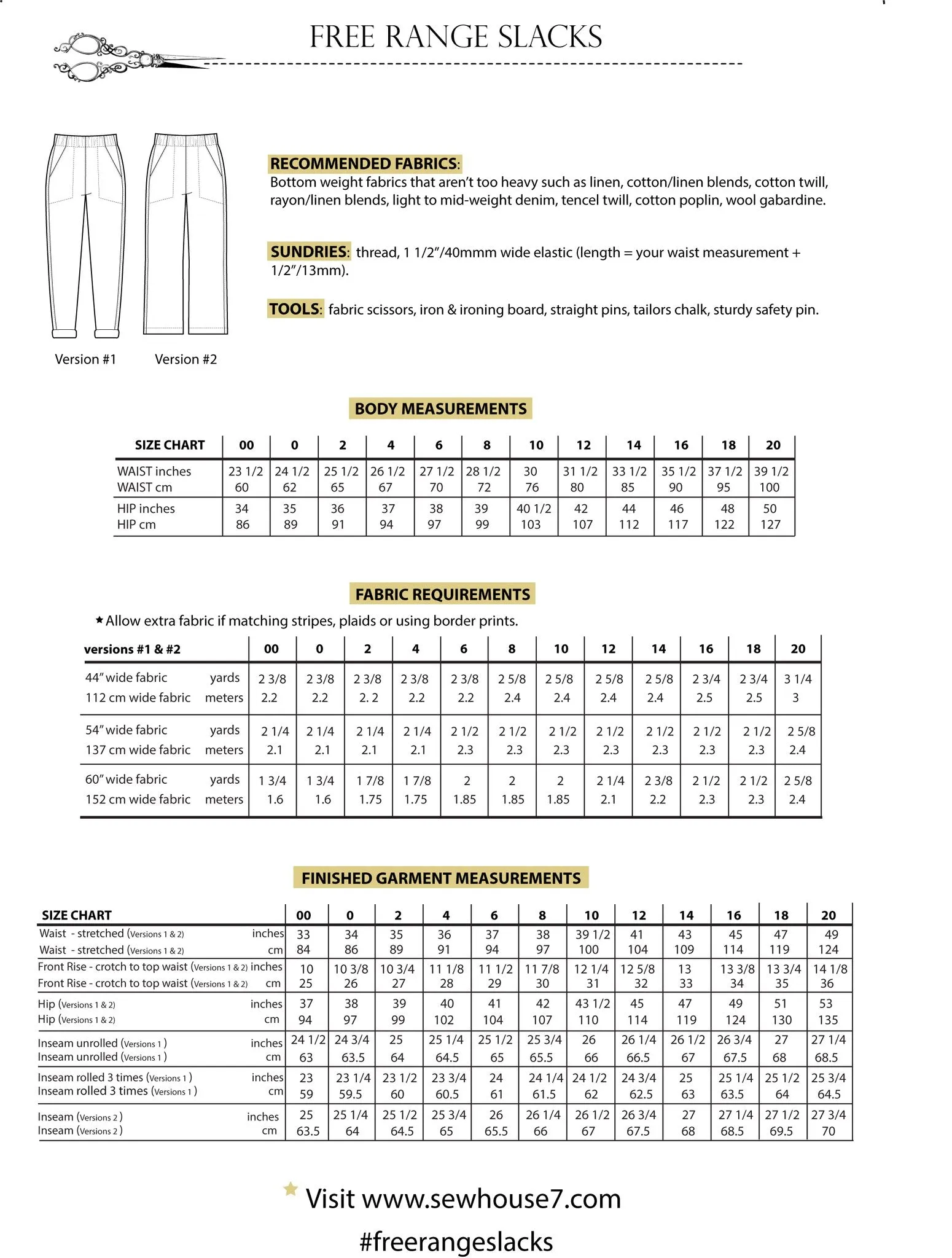 Sew House Seven, Free Range Slacks Pattern, two size ranges