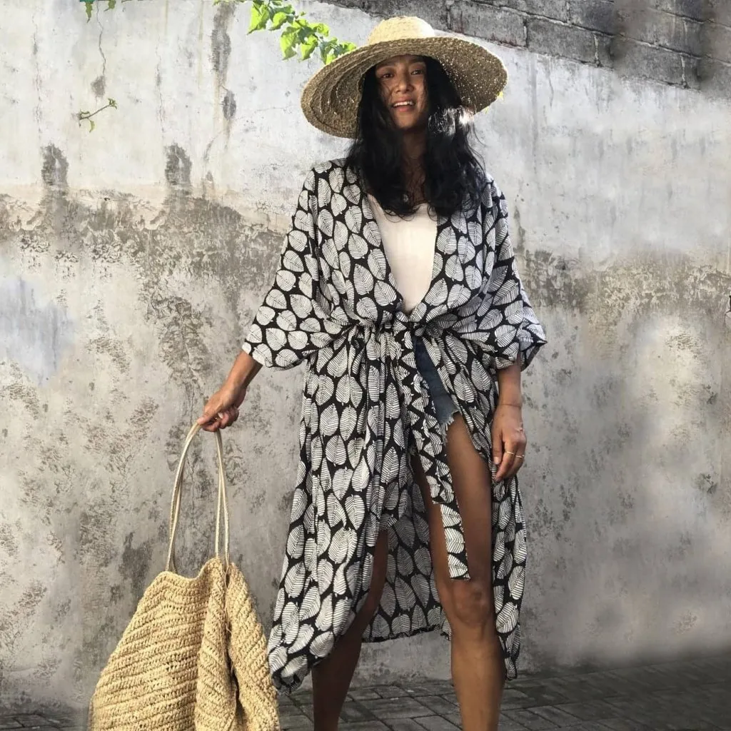 Sexy 3/4 Black Leaf Kimono Cardigan