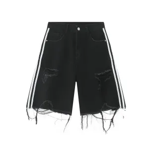 Side Stripe Ripped Denim Shorts