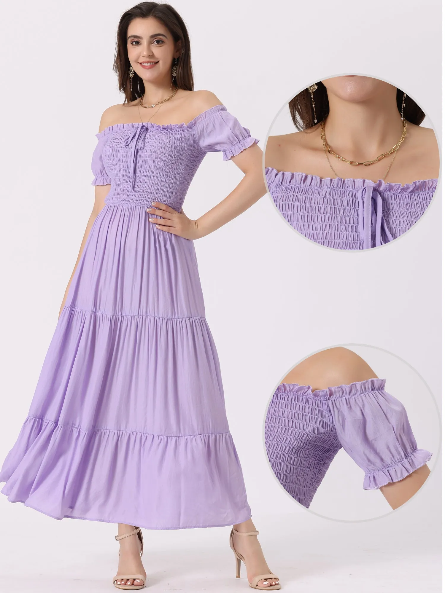 Smocked Tiered Off Shoulder Puff Sleeves Ruffle Maxi Dress