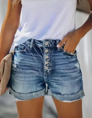 Solid-color Ripped Flip-Flop Denim Shorts