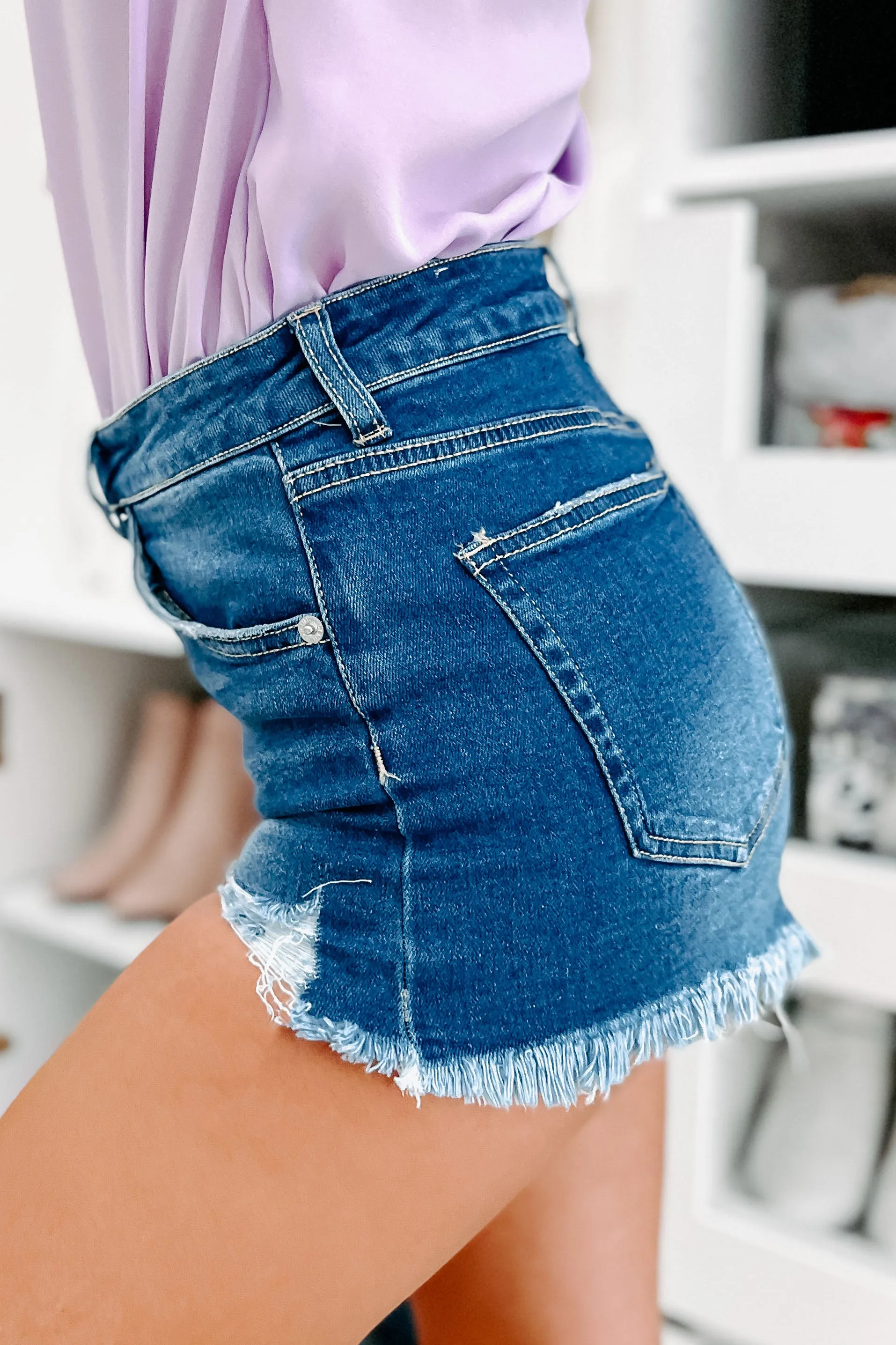 Standout Distressed High Rise Shorts (Medium Blue)