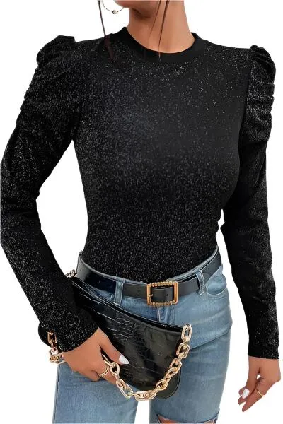 TEEK - Black Metallic Puff Sleeve Blouse