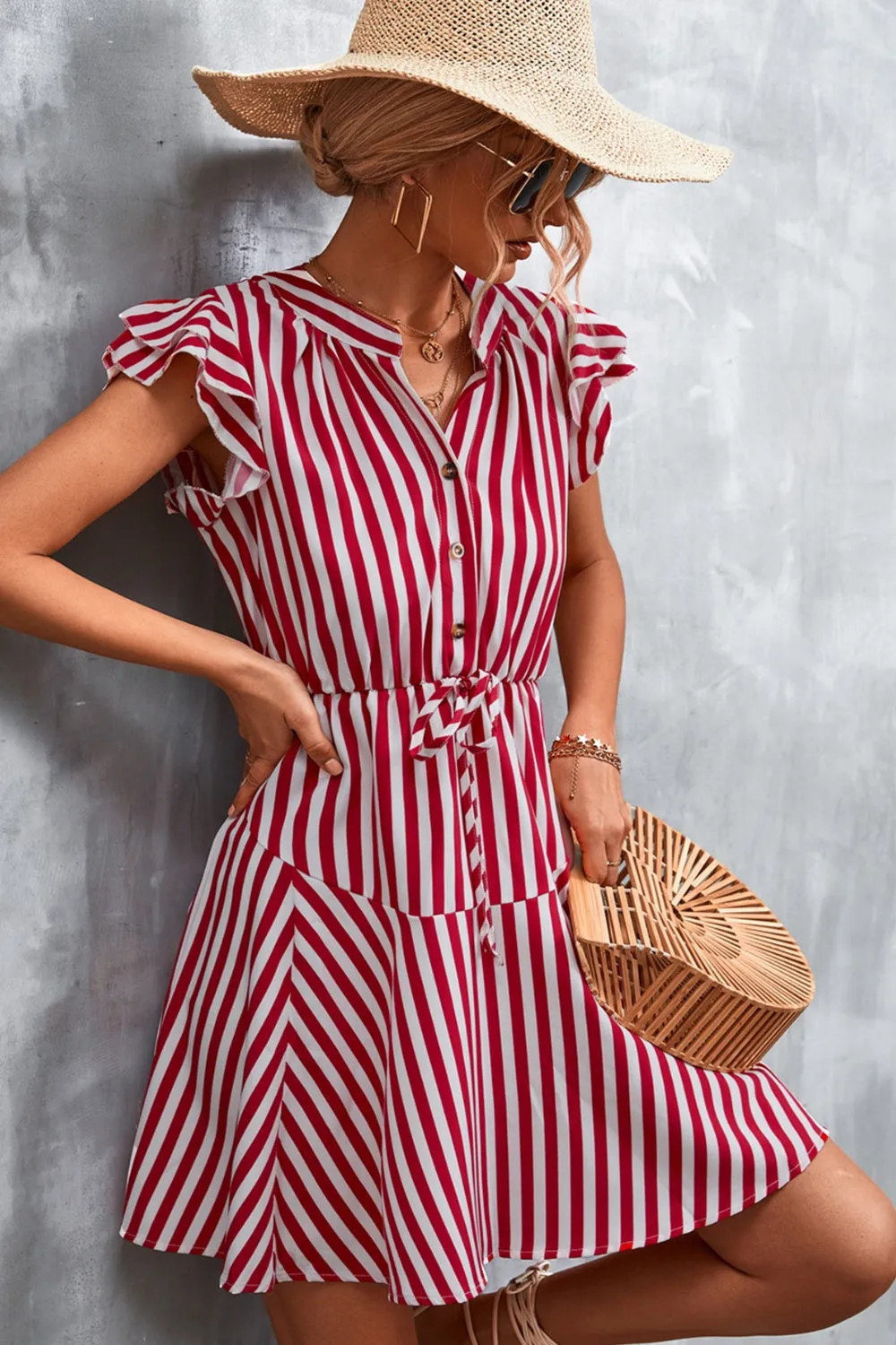 TEEK - Deep Red Ruffled Striped Cap Sleeve Dress