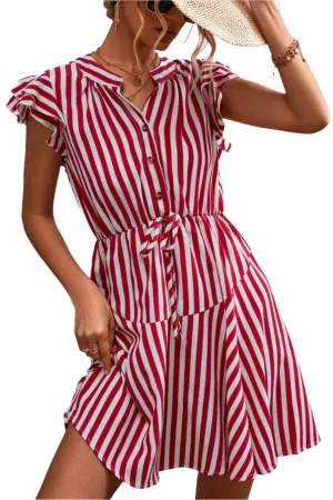 TEEK - Deep Red Ruffled Striped Cap Sleeve Dress