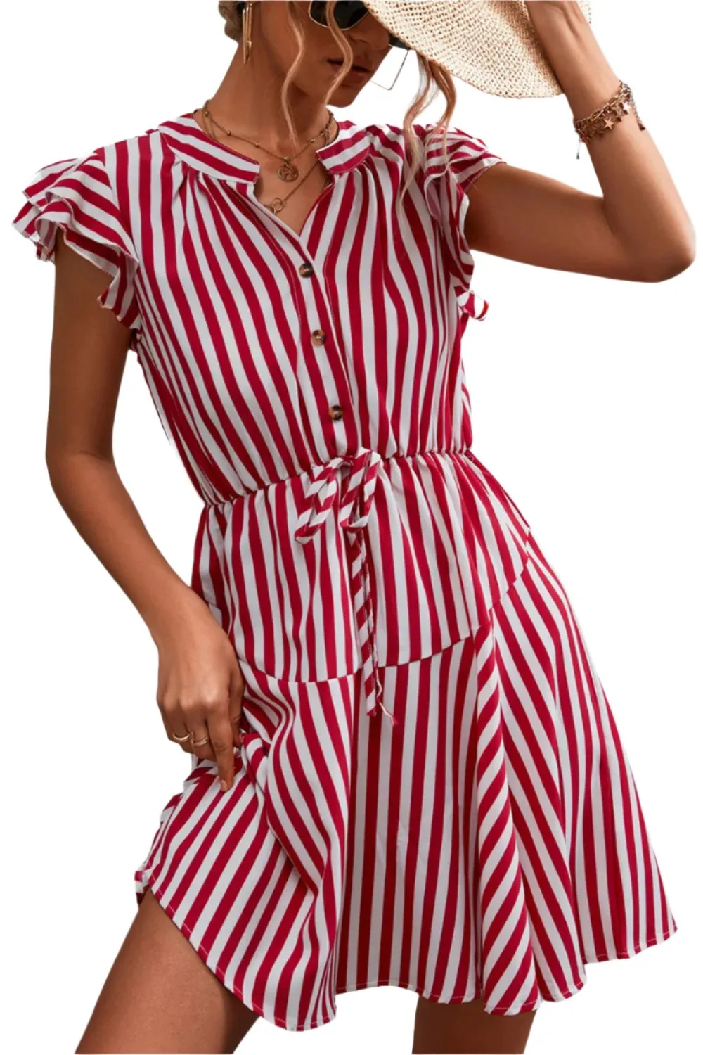 TEEK - Deep Red Ruffled Striped Cap Sleeve Dress