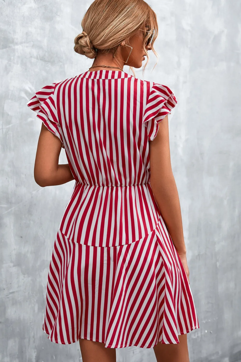TEEK - Deep Red Ruffled Striped Cap Sleeve Dress