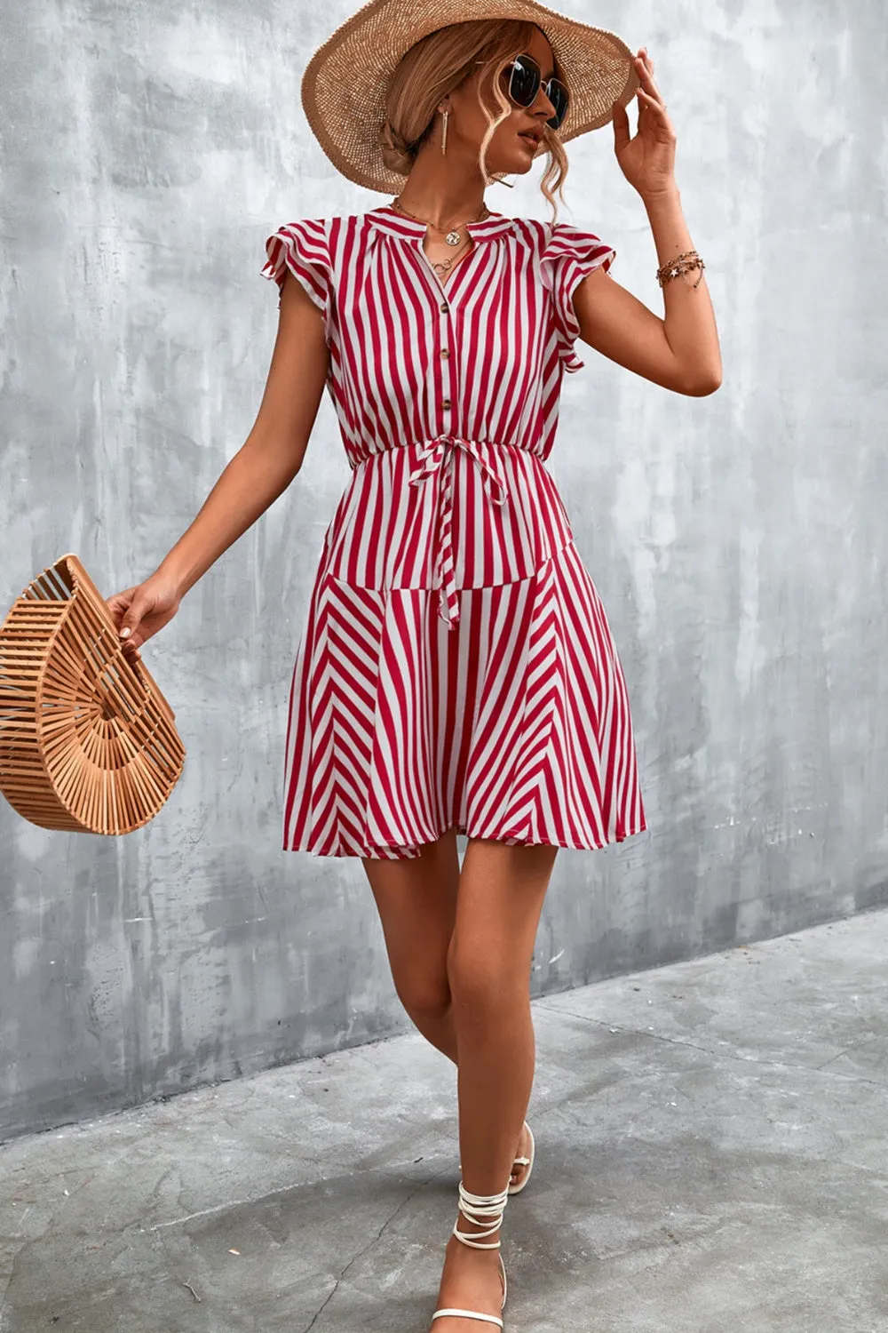 TEEK - Deep Red Ruffled Striped Cap Sleeve Dress
