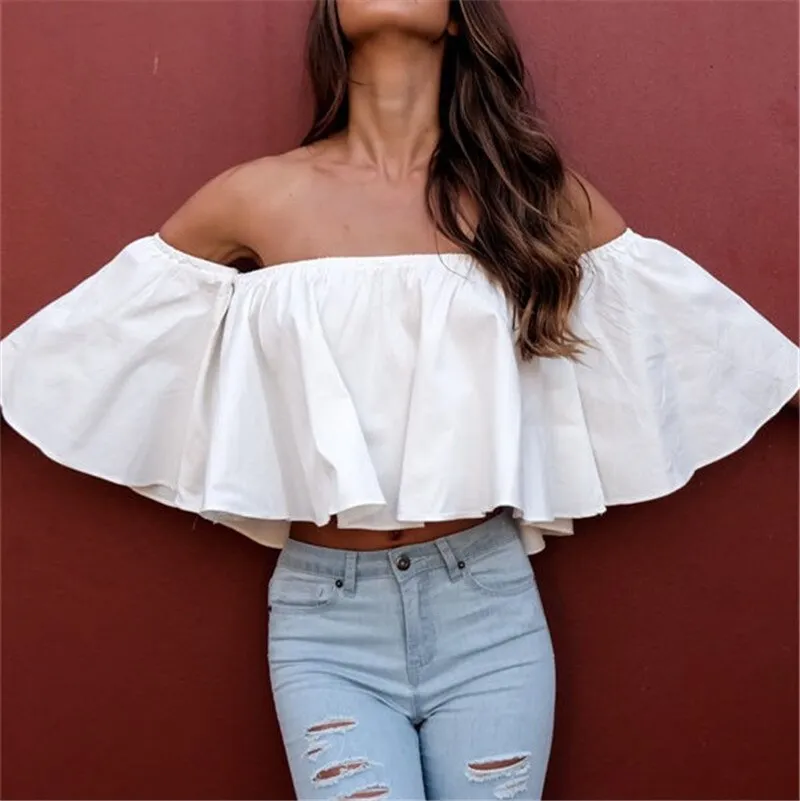 White Flare Blouse Wide Sleeve Shoulderless