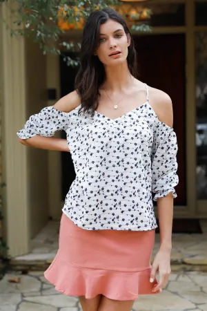 White Navy Floral Embroidery Cold Shoulder Midi Balloon Sleeve Top /1-2-2-1