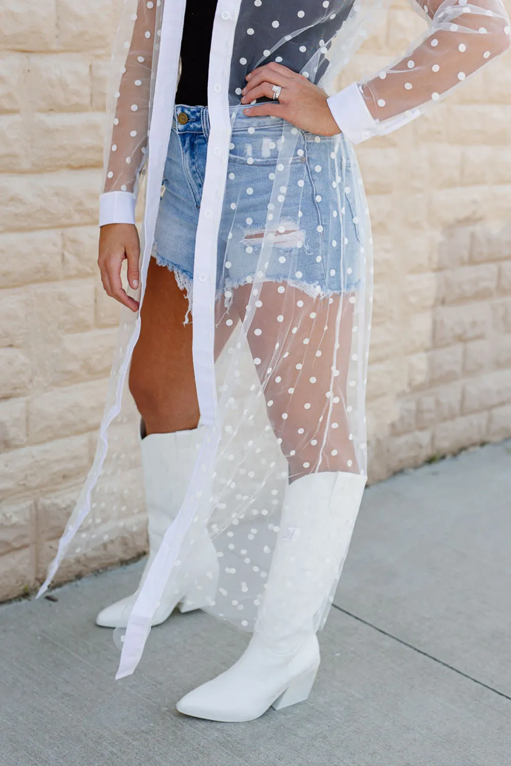 White Polka Dot Buttoned Mesh Kimono