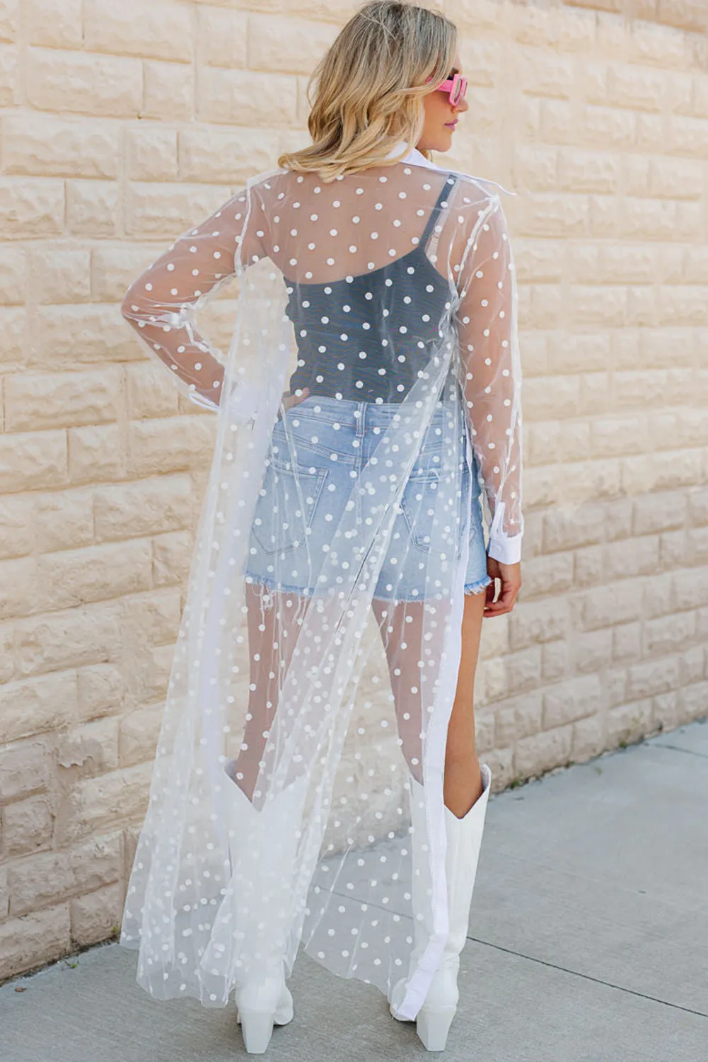 White Polka Dot Buttoned Mesh Kimono