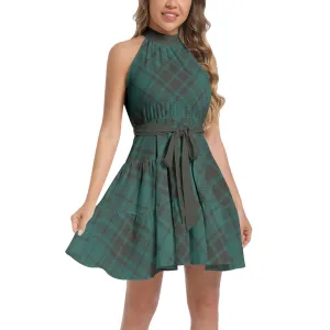 Wintergreen Plaid Ruffle Hem Belted Halter Dress