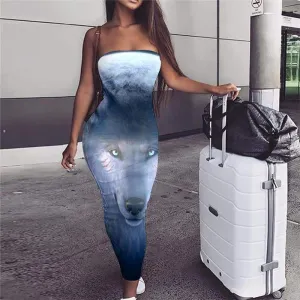 Wolf Dress Women Animal Party Anime Bodycon Dress Moon Sundress Head Boho