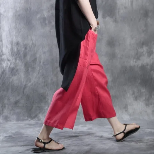 Women's Loose Red Linen Wide-leg Pants Casual Summer Trousers