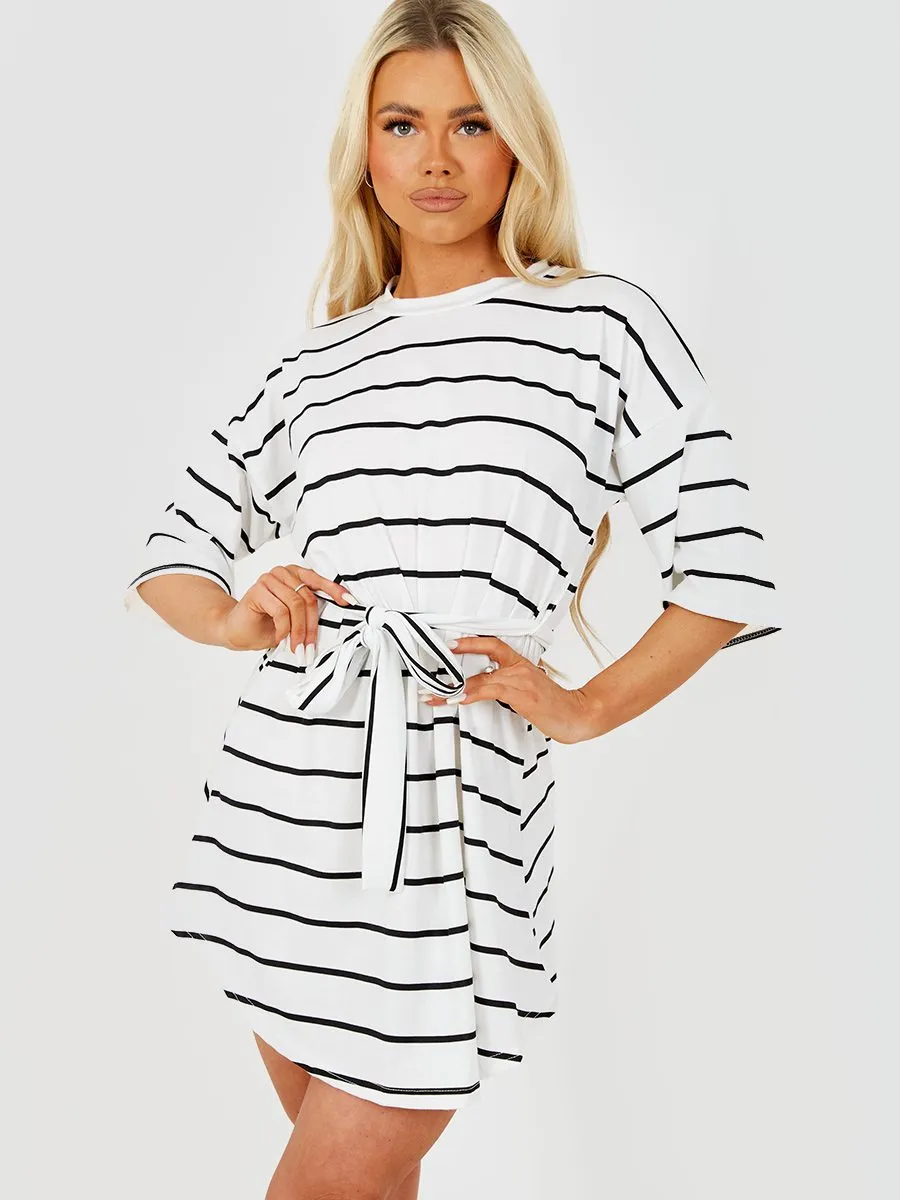 Zahara Striped Belted T-Shirt Dress In White
