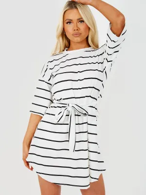 Zahara Striped Belted T-Shirt Dress In White