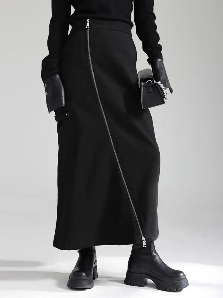 Zip It Up Asymmetrical Midi Skirt – Edgy Black