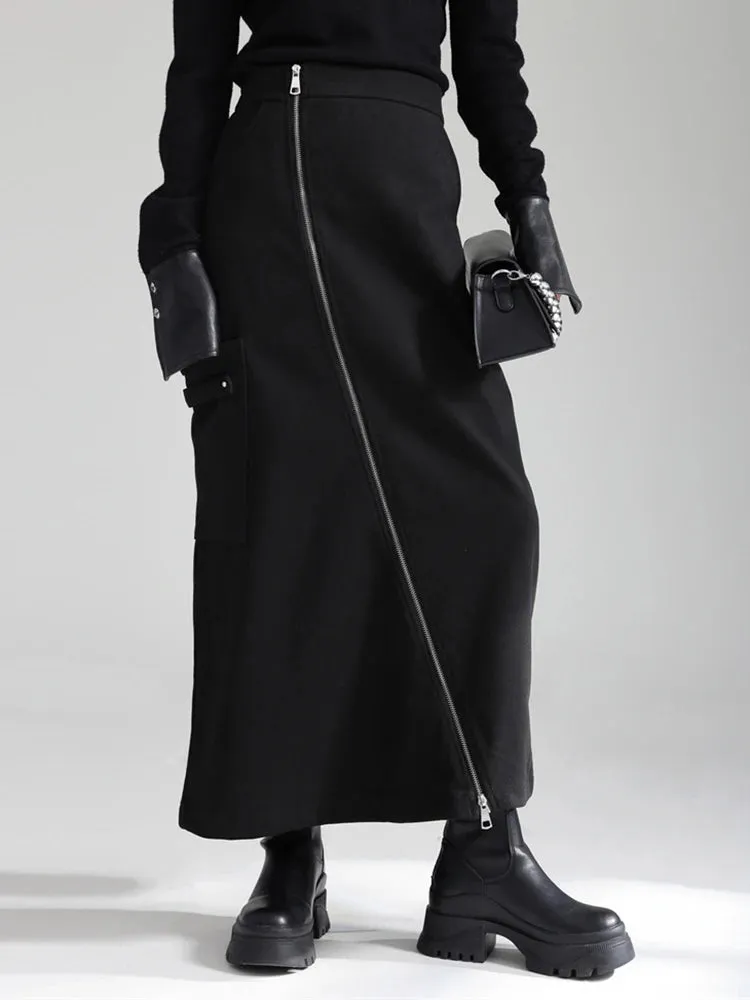 Zip It Up Asymmetrical Midi Skirt – Edgy Black