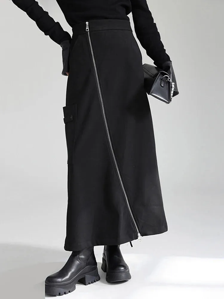 Zip It Up Asymmetrical Midi Skirt – Edgy Black
