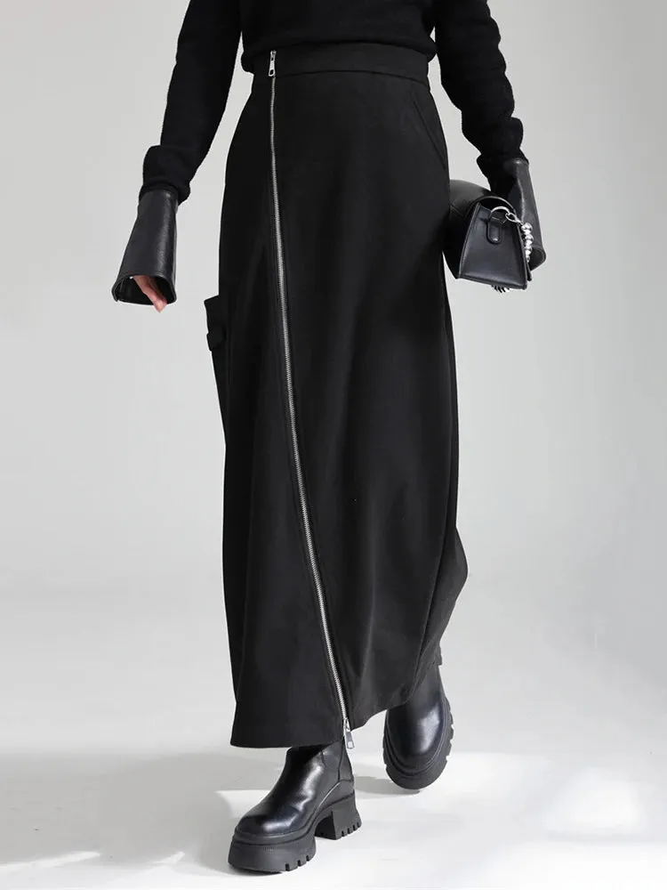 Zip It Up Asymmetrical Midi Skirt – Edgy Black